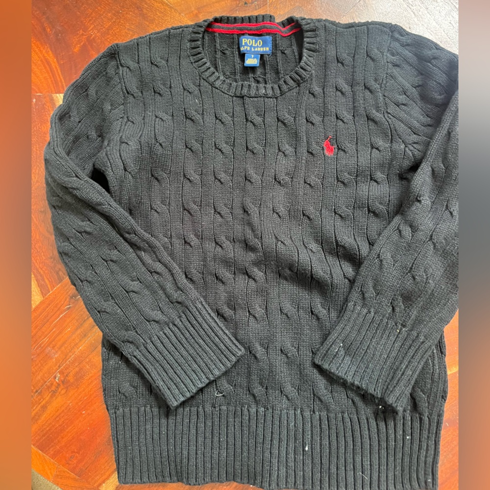 Polo by Ralph Lauren Black Cable Knit Crewneck Sweater with Red Pony